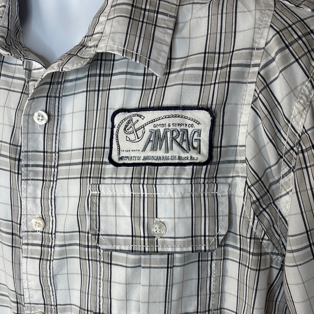 American Rag Plaid Button Down Shirt Casual White Gray Large Patch Details - Picture 6 of 9